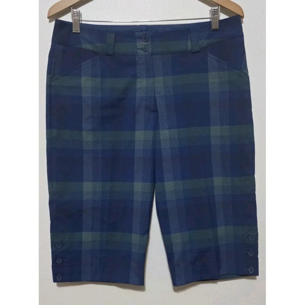 Nike Golf Shorts Women Blue Sports Plaid Shorts Sz 10 Button Tennis Outdoor EUC‎